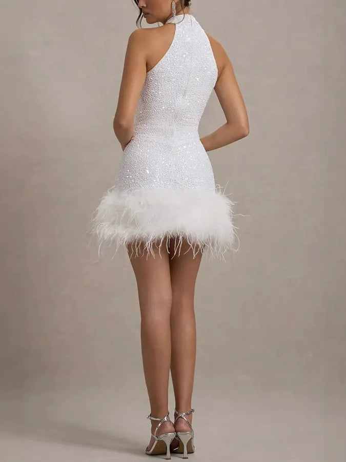 Dancefloor Elf Sequin Feather Trim High Neck A-line Mini Dress