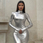 Metallic long sleeve high neck gloves backless ruched maxi dress