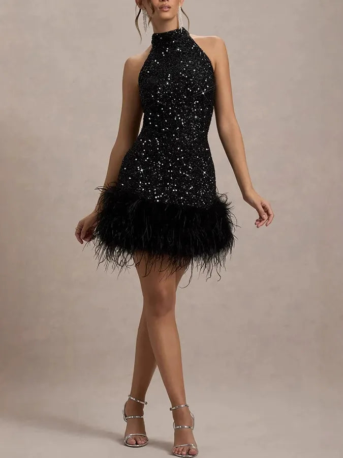Dancefloor Elf Sequin Feather Trim High Neck A-line Mini Dress