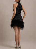 Dancefloor Elf Sequin Feather Trim High Neck A-line Mini Dress