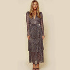 Christmas Elegant Sequin Long Sleeve V Neck Midi Dress