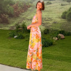 Del Mare Floral Puff Sleeve Front Cutout High Low Maxi Dress