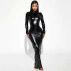 Metallic long sleeve high neck gloves backless ruched maxi dress