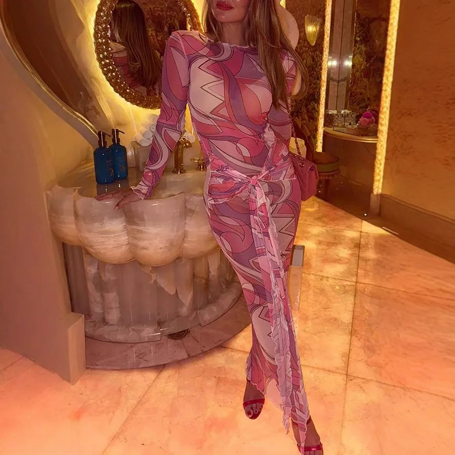 Gypsy Girl Mesh Unique Print Wide Neck Long Sleeve Stretch Maxi Dress