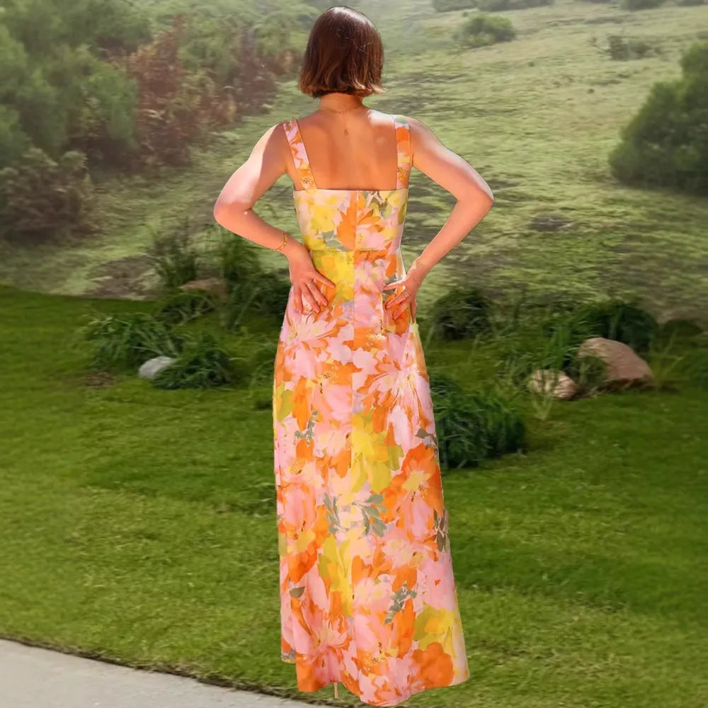 Del Mare Floral Puff Sleeve Front Cutout High Low Maxi Dress