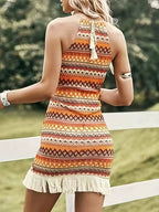 Contrast plaid hollow out button sleeveless mini dress