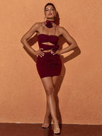 Inara Strapless Mesh Cutout Mini Dress In Wine