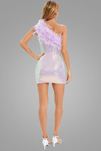 Iridescent Sequin One Shoulder Feather Trim Party Midi Dress - Lilac