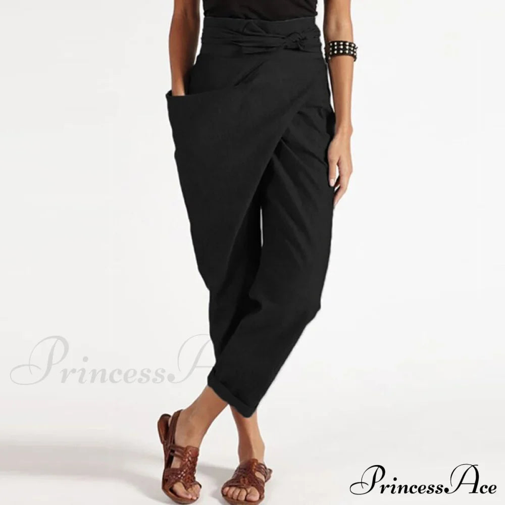 Irregular Lacing Cropped Casual Solid Color Trousers