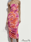 Irregular Tie Dyeing Print Tube for Women Summer Beach Party Clubwear Strapless Off Shoulder Ruched Dress
