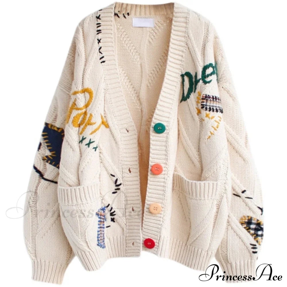 Jacket Loose Pocket Embroidery Fashion Knit Cardigan