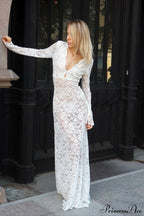 Jacquard Sheer Lace Sexy Bodycon Maxi Dress