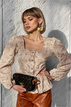 Jacquard Sophisticated Square Neck Puff Sleeve Blouse