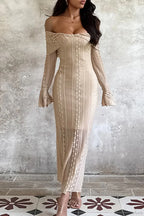 Jacquard Waist Cinched Off Shoulder Bodycon Maxi Dress