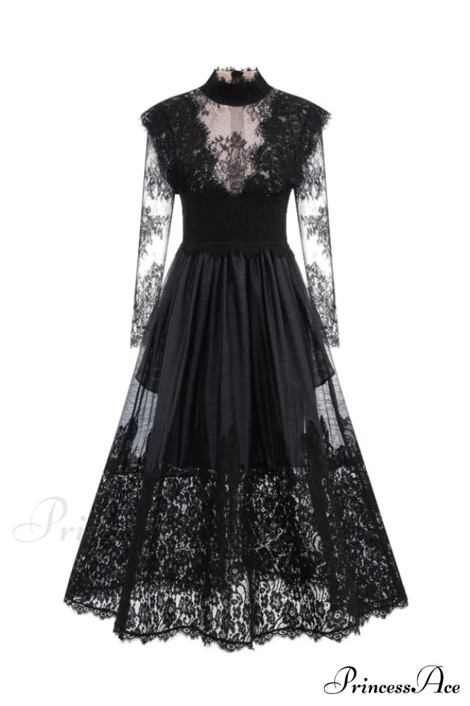 Jamie Black Floral Charming Lace Stitching Dress