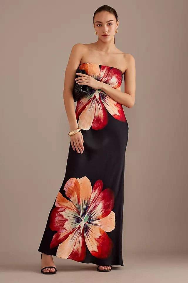 Eugenia Effortless Strapless Maxi Dress with Flower Print Evening Wear Edit