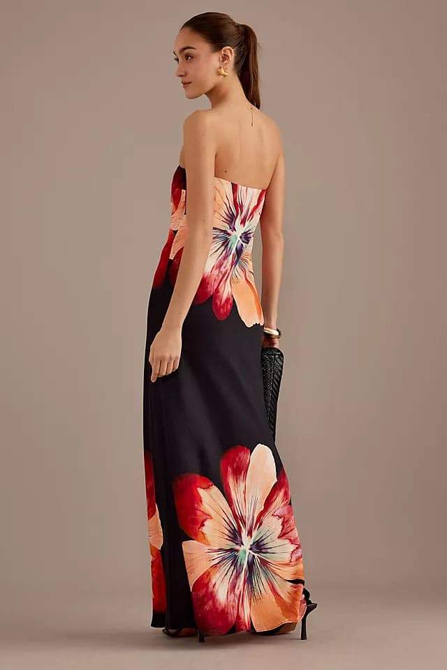Eugenia Effortless Strapless Maxi Dress with Flower Print Evening Wear Edit