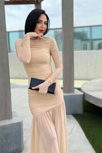 Irene Aesthetic Long Sleeved Pleated Mesh Maxi Dress Evening Wear Edit