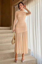 Irene Aesthetic Long Sleeved Pleated Mesh Maxi Dress Evening Wear Edit