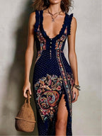 Navy Bohemian Printed Dress with Deep V-Neck and High Slit
