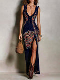 Navy Bohemian Printed Dress with Deep V-Neck and High Slit
