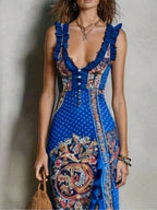 Blue Bohemian Printed Dress with Deep V-Neck and High Slit