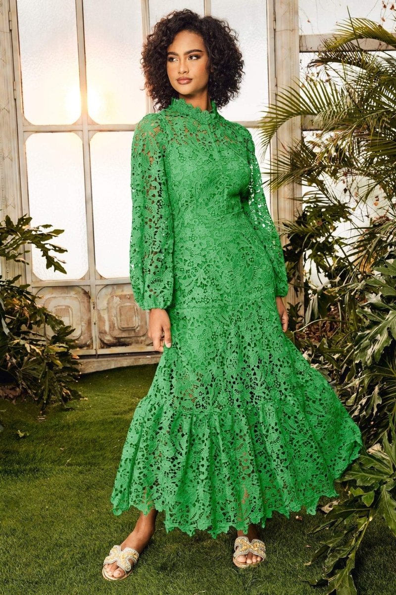 Florencia Premium Flared Maxi Dress with Embroidered Lace Evening Wear Edit