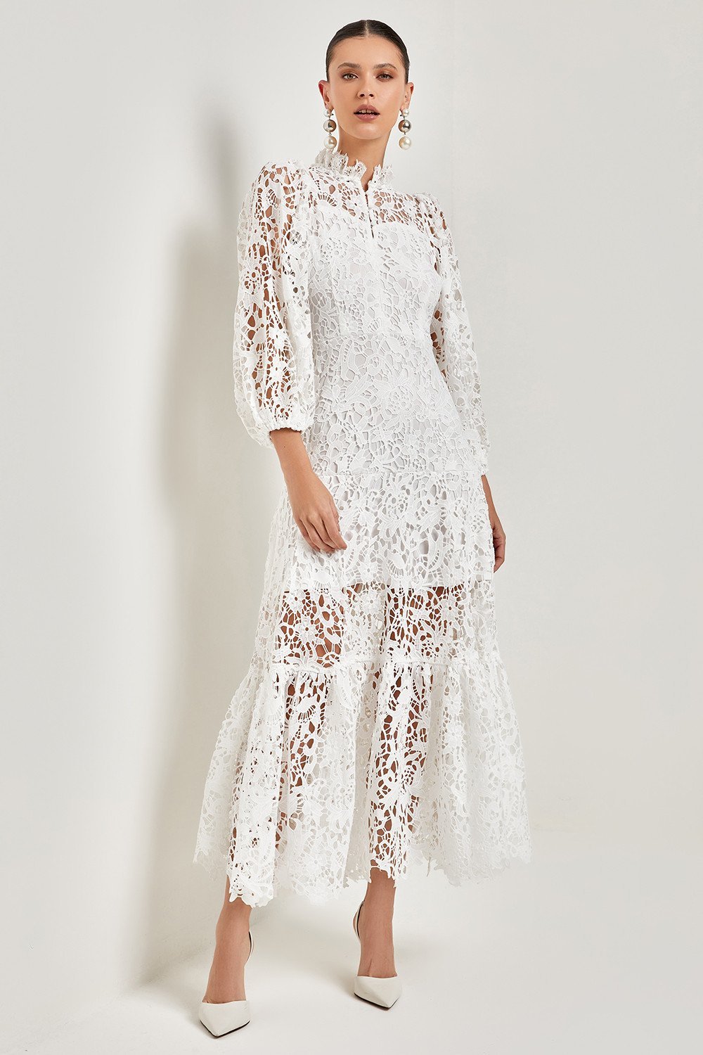 Florencia Premium Flared Maxi Dress with Embroidered Lace Evening Wear Edit