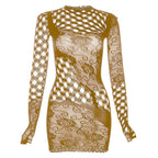 Fishnet long sleeve hollow out see through irregular mini dress