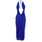 Textured ruffle solid halter self tie v neck backless maxi dress
