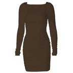 Long sleeve solid square neck ruched mini dress