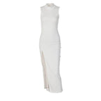 High neck sleeveless solid slit irregular midi dress