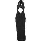Textured solid halter sleeveless backless maxi dress