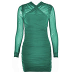 Cross front mesh ruched zip-up long sleeve solid mini dress