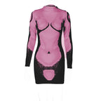Long sleeve abstract contrast turtle neck mini dress