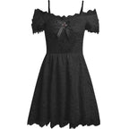 Hollow out off shoulder short sleeve cross applique bowknot lace hem mini dress