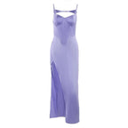 Solid satin hollow out slit backless corset midi dress