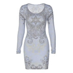 Beaded long sleeve u neck abstract contrast mini dress