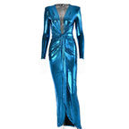 Ruched textured long sleeve v neck knotted maxi dress