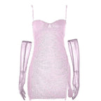 Textured mesh gloves sweetheart neck zip-up slit cami mini dress