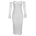 Lace gloves sweetheart neck backless tube midi dress