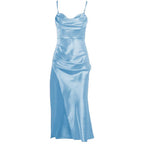 Sleeveless solid satin cowl neck slit backless zip-up cami dress