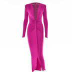 Long sleeve v neck solid ruched slit midi dress