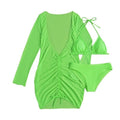 Solid cross back halter long sleeve ruched mini dress 3 piece swimwear