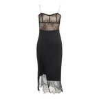 Lace patchwork contrast slit irregular midi dress