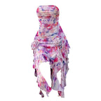 Contrast print flower applique ruched tube midi dress