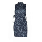 Sleeveless contrast hollow out lace up self tie mini dress