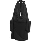 Flared sleeve off shoulder halter solid cowl neck backless mini dress