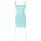 Ruched backless cowl neck solid self tie mini dress
