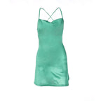 Cross back solid satin cowl neck lace up self tie backless mini dress